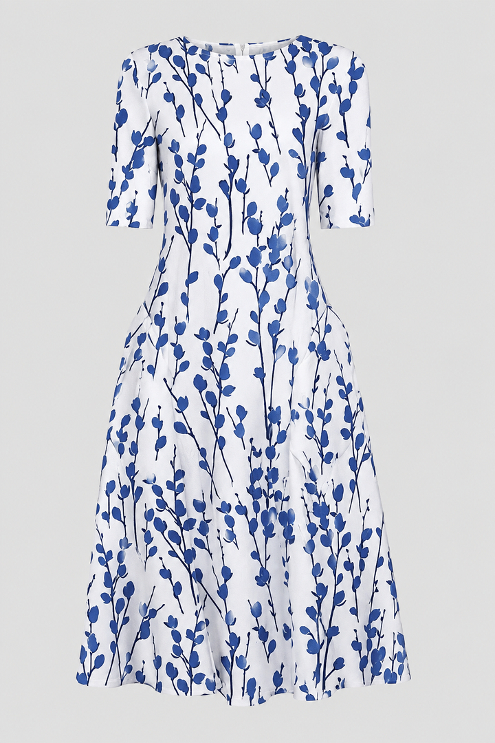 Chic short-sleeve A-line summer midi dress for women. Ideal elegant cocktail & occasion wear.