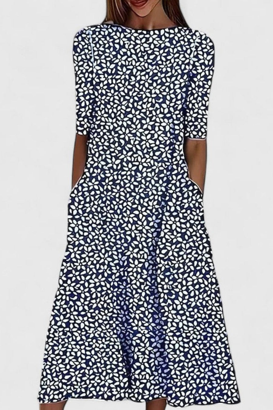 Fashionable women's elegant A-line midi dress with short sleeves, suitable for summer occasions.
