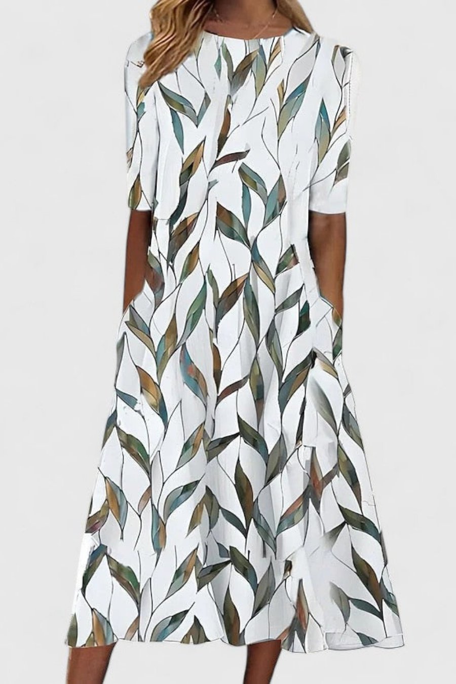 Flattering A-line short-sleeve midi dress, elegant women's fashion for cocktail and occasion wear.