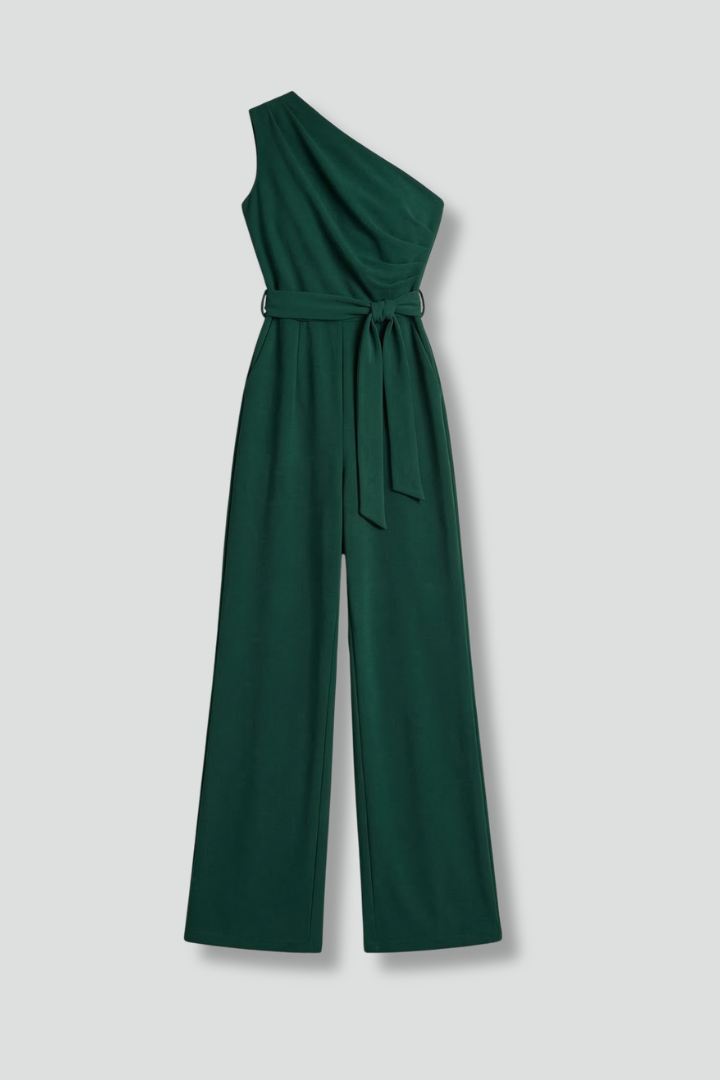 Women's elegant asymmetric neckline jumpsuit with a flattering waist belt.