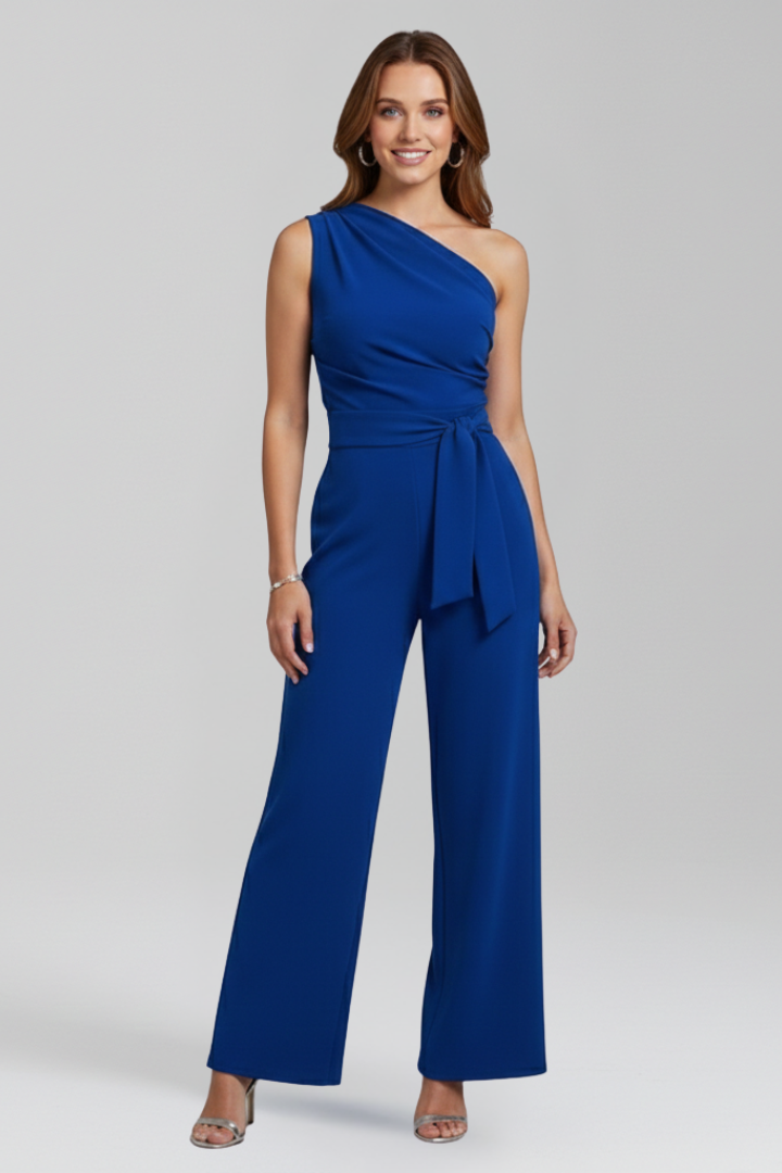 Women's asymmetric neckline wide leg jumpsuit with an adjustable waist belt for a perfect fit.