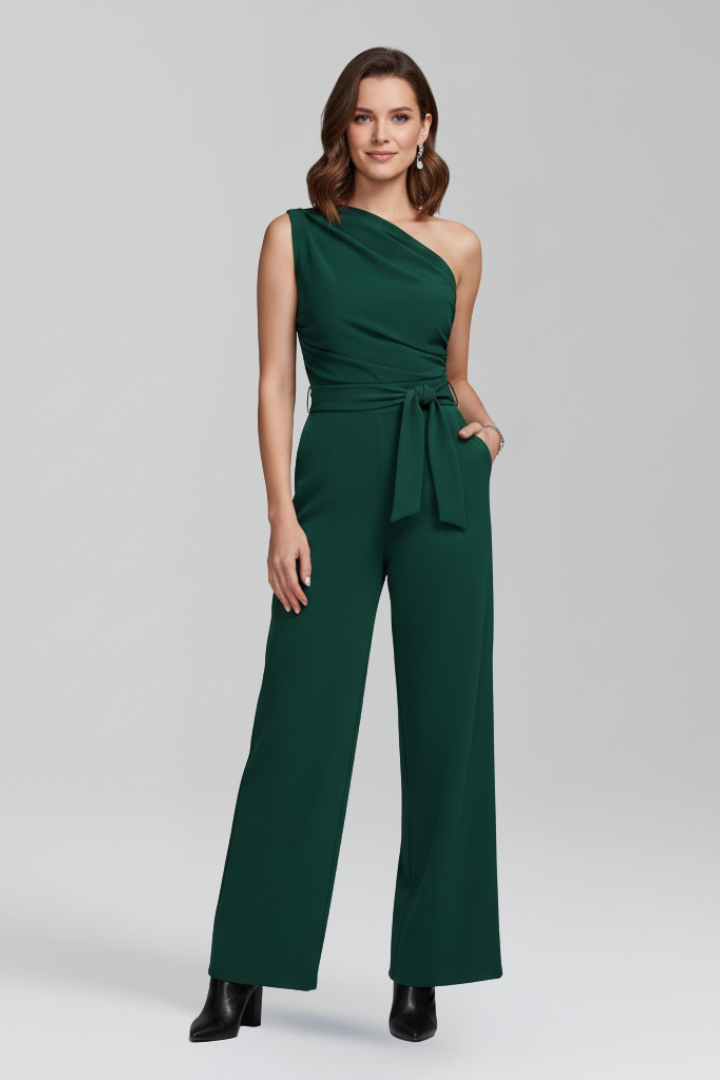 Elegant women's jumpsuit, asymmetric top, wide leg pants, and a stylish cinch belt.