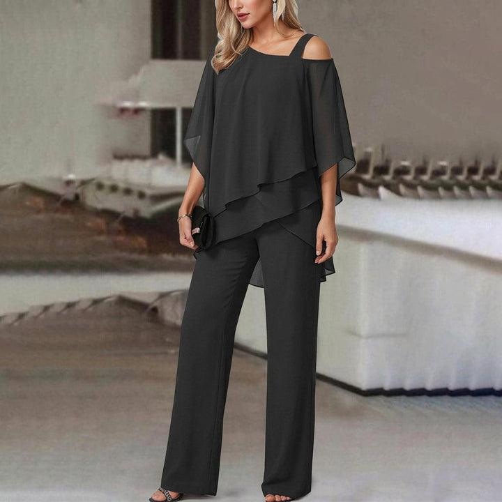 Women's versatile fashion: elegant asymmetric tunic and straight leg pant set, ideal for casual chic style.