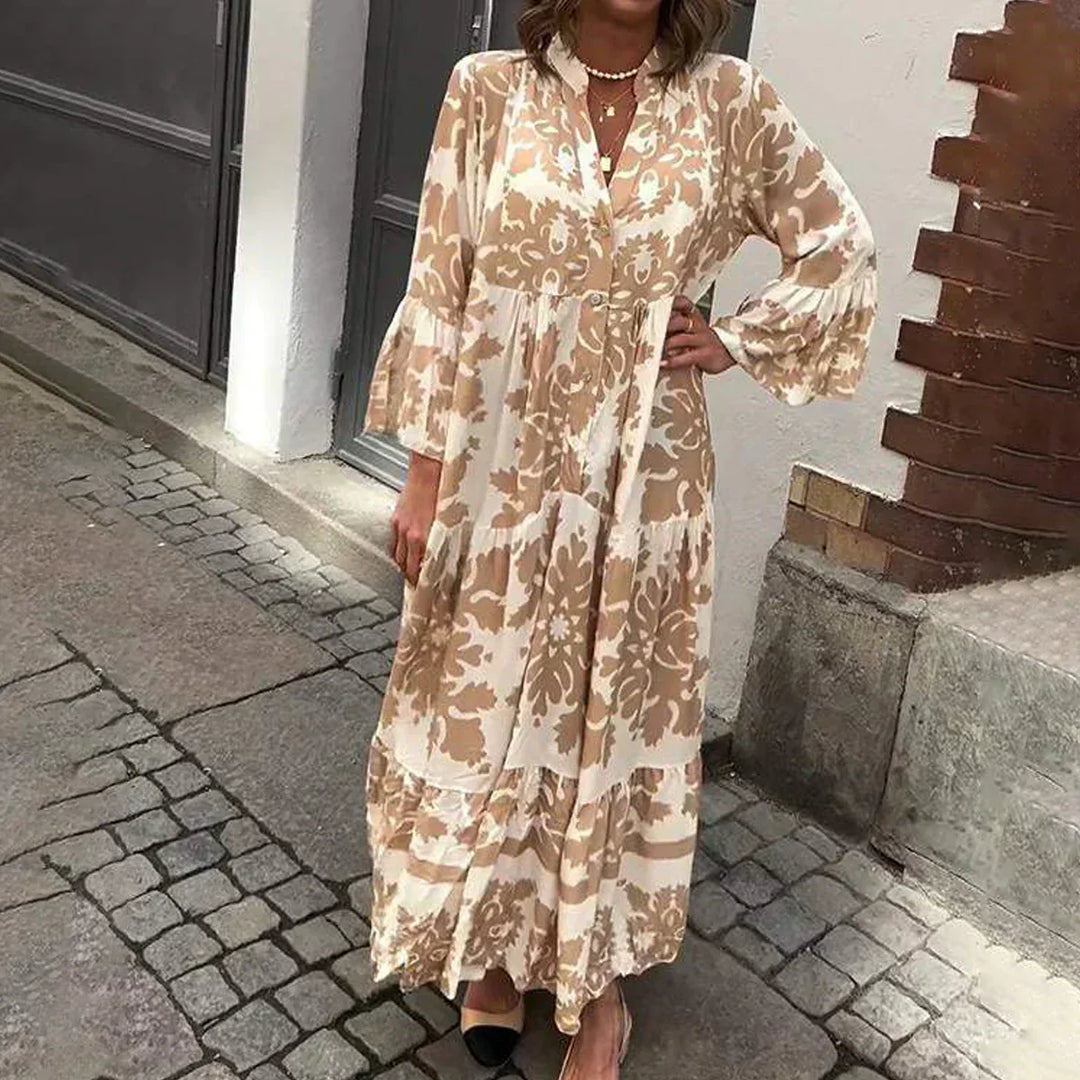 Women's elegant Baroque print boho maxi dress with lantern sleeves & button-down front, perfect for summer.
