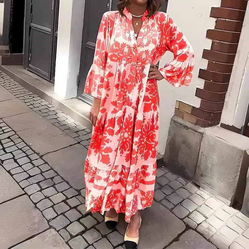 Stylish women's summer boho maxi dress with unique Baroque print, lantern sleeves & a button-down V-neck.