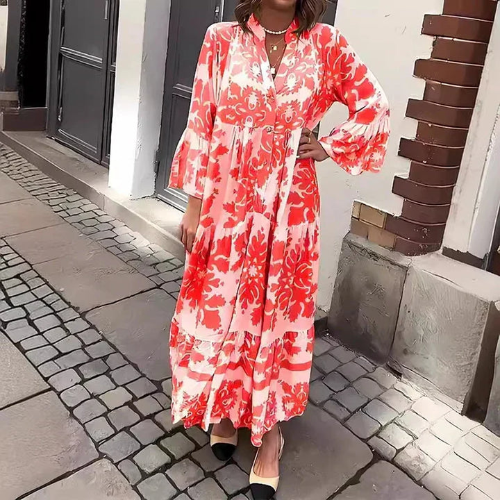 Stylish women's summer boho maxi dress with unique Baroque print, lantern sleeves & a button-down V-neck.