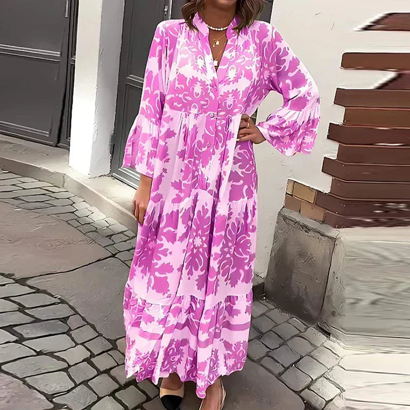 Elegant women's Baroque print maxi dress, a flowy button-down design with stylish lantern sleeves for any occasion.