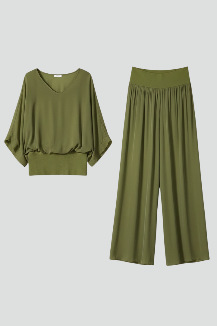 Women's elegant batwing top & wide leg pant two-piece set for chic party wear & summer events.