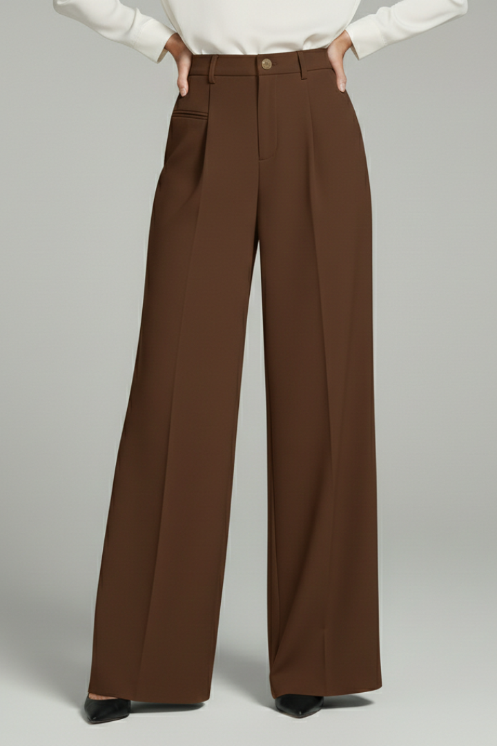 Stylish blue pleated palazzo trousers for women, featuring a flattering wide leg and functional pockets.