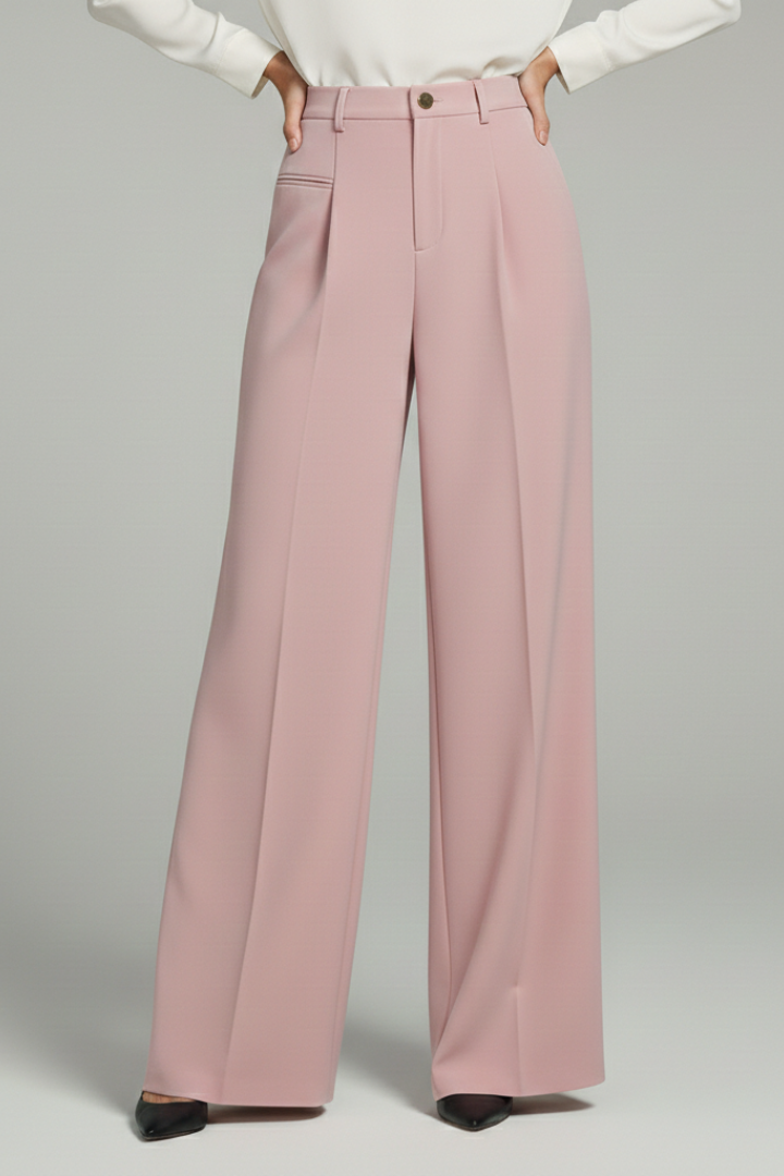 Front view of women's sophisticated pleated palazzo pants with a relaxed wide-leg fit and pockets.