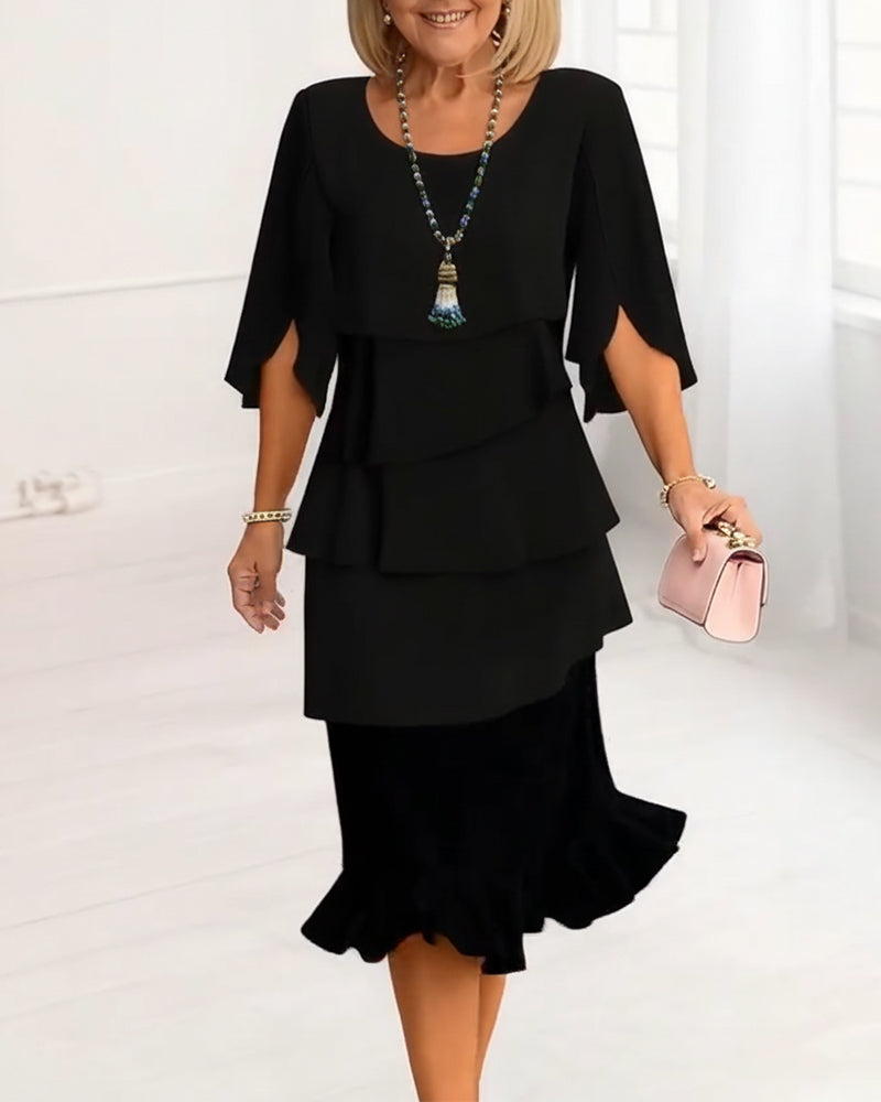 Women's elegant black ruffle tiered midi dress with stylish split sleeves, perfect for summer parties.