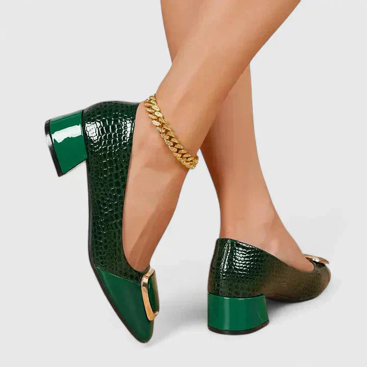 Stylish women's black block heel loafers with a shiny gold buckle, ideal for business meetings and elegant occasions.