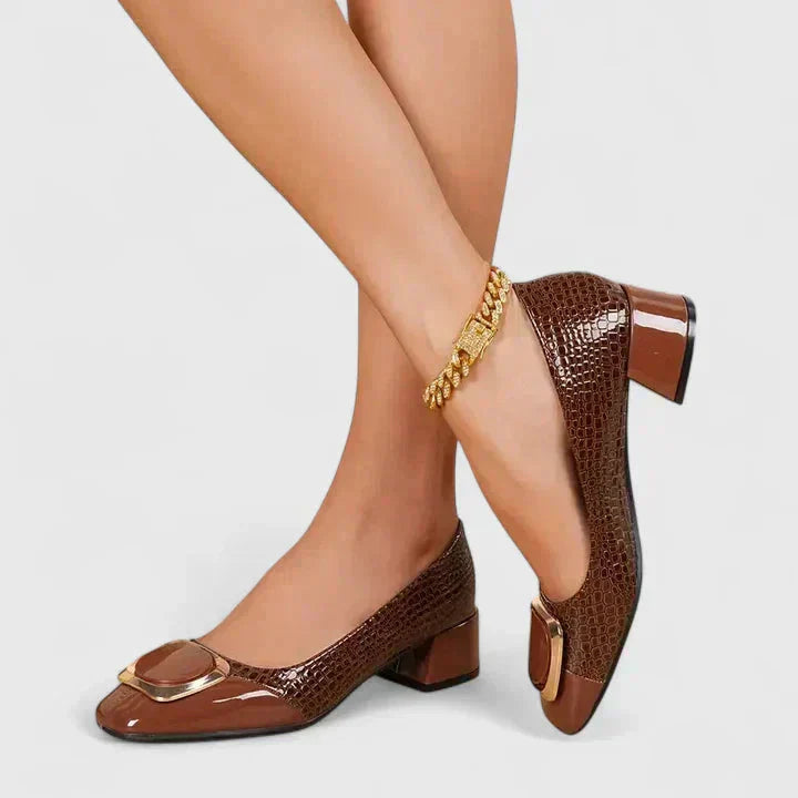 Versatile women's formal block heel loafers with a sleek design and eye-catching gold buckle, great for chic outfits.