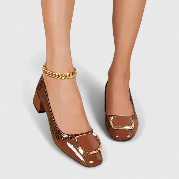 Elegant women's low block heel loafers, perfect for office wear, featuring a refined square toe and gold buckle accent.