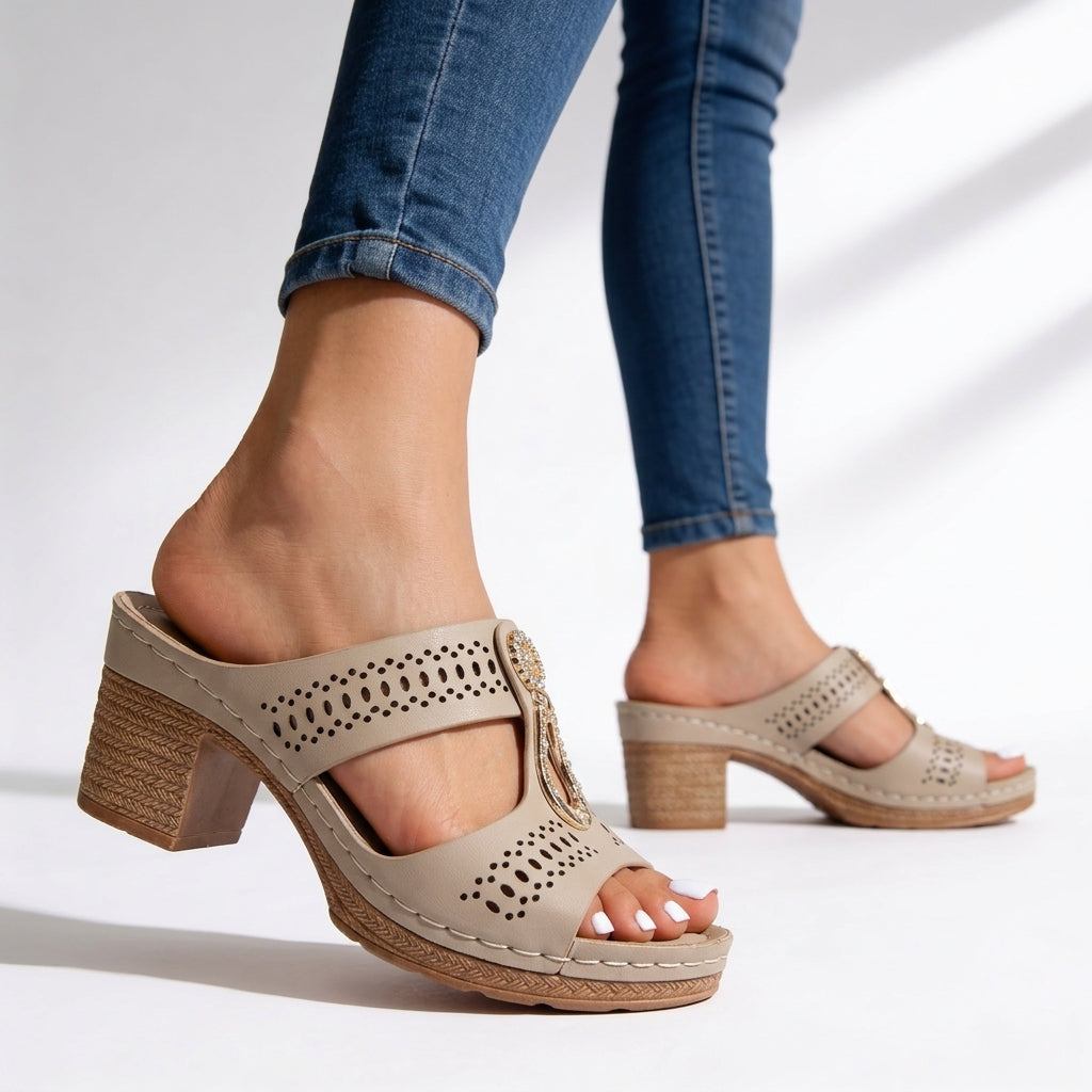 Open toe chunky block heel women's sandals with a dazzling rhinestone T-strap. Great for evening wear or summer.