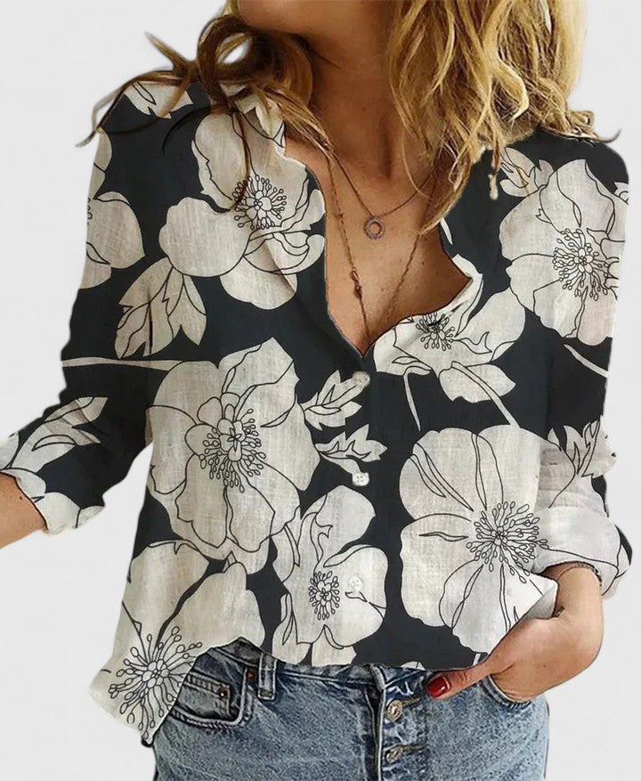 Women's elegant button-down blouse, relaxed fit cotton linen shirt, perfect for office or casual chic.
