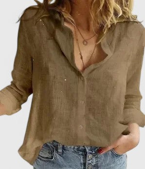 Sophisticated women's button-down shirt, relaxed fit cotton linen blouse, ideal for office or casual style.