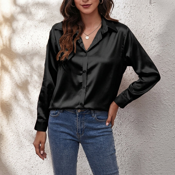 Women's classic long sleeve button-front blouse, relaxed fit, perfect for elegant & versatile everyday fashion.