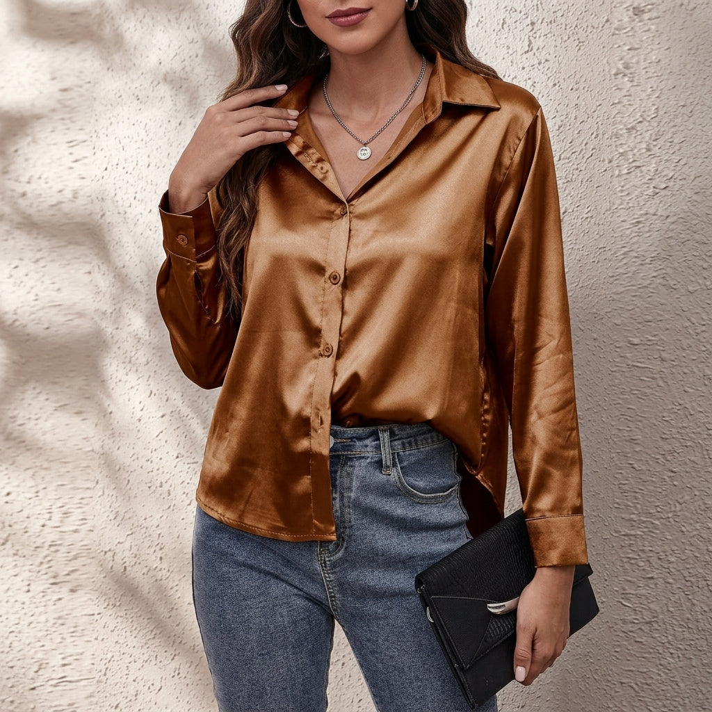 Classic women's blouse, button-front design, long sleeve, offering effortless style for any occasion.