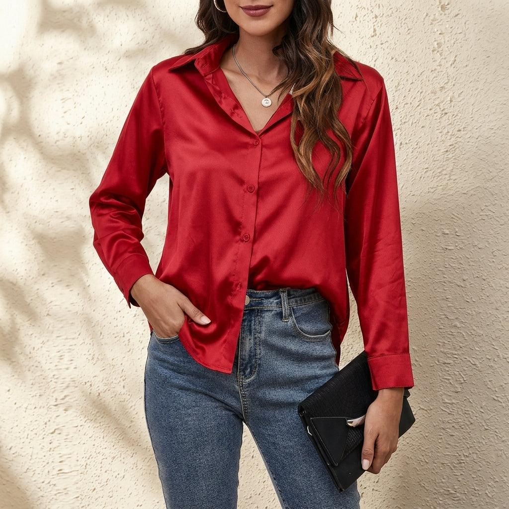 Women's professional button-front shirt, long sleeve, relaxed fit, offering sophisticated and versatile style.