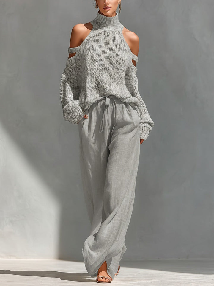 Women's matching two-piece set featuring a stylish cold shoulder top & comfortable wide leg drawstring pants.
