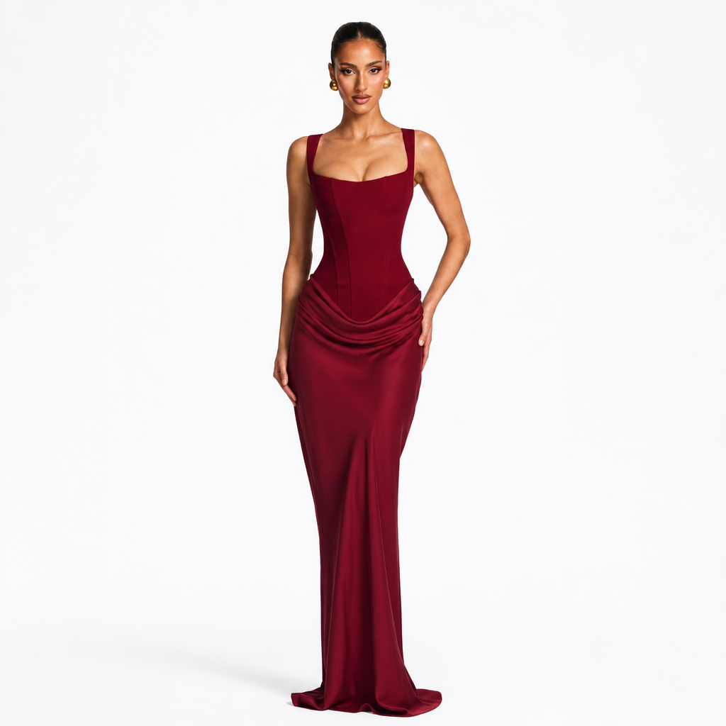 Women's formal occasion wear maxi dress with elegant corset bodice & wide straps. Long, sleeveless design.