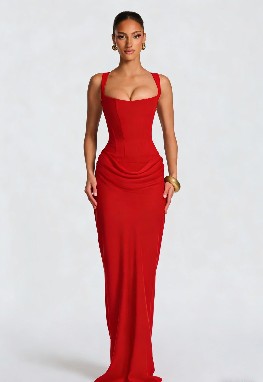 Women's elegant corset bodice maxi dress with wide straps & long draped skirt. Ideal for formal evening events.