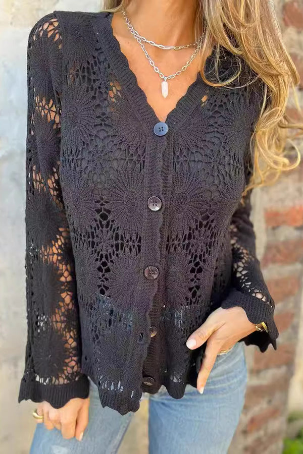 Chic women's button-front crochet cardigan, a versatile long-sleeve knit V-neck for spring and summer layering.