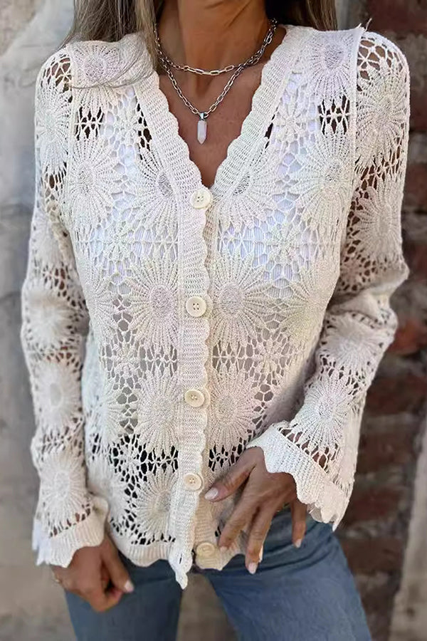Stylish women's long-sleeve crochet cardigan with button front, V-neck, and intricate knit. Perfect elegant layering piece.