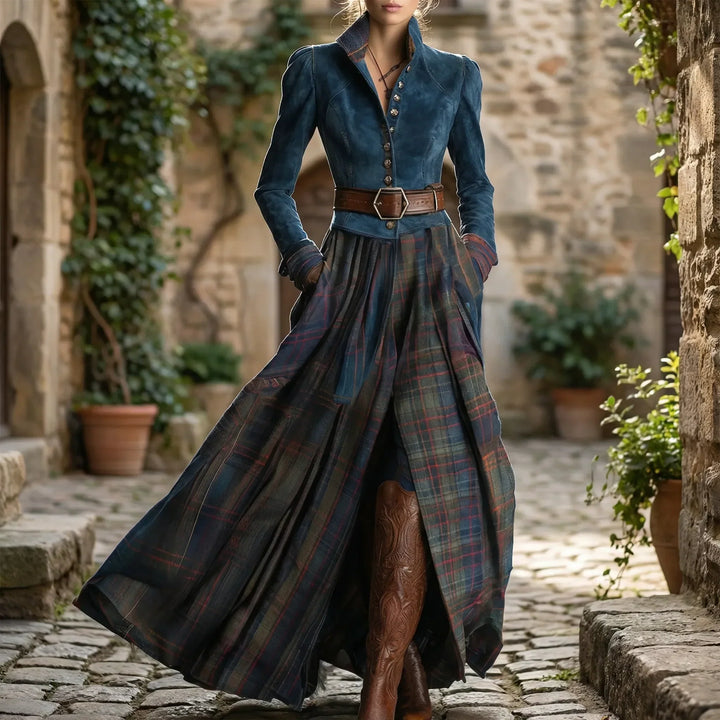 Women's elegant dark blue fitted maxi dress with long sleeves & chic plaid skirt, perfect for fall & winter fashion.