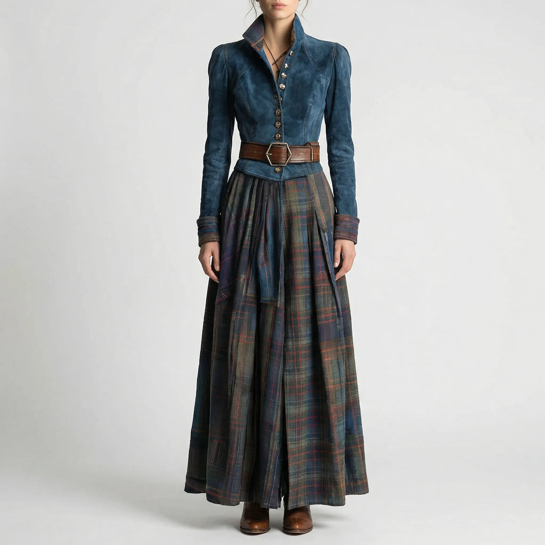 Bohemian vintage women's long sleeve maxi dress with fitted dark blue top & sophisticated plaid skirt, occasion wear.