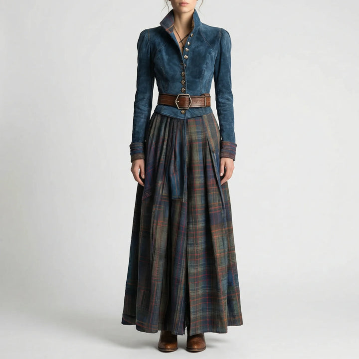 Bohemian vintage women's long sleeve maxi dress with fitted dark blue top & sophisticated plaid skirt, occasion wear.