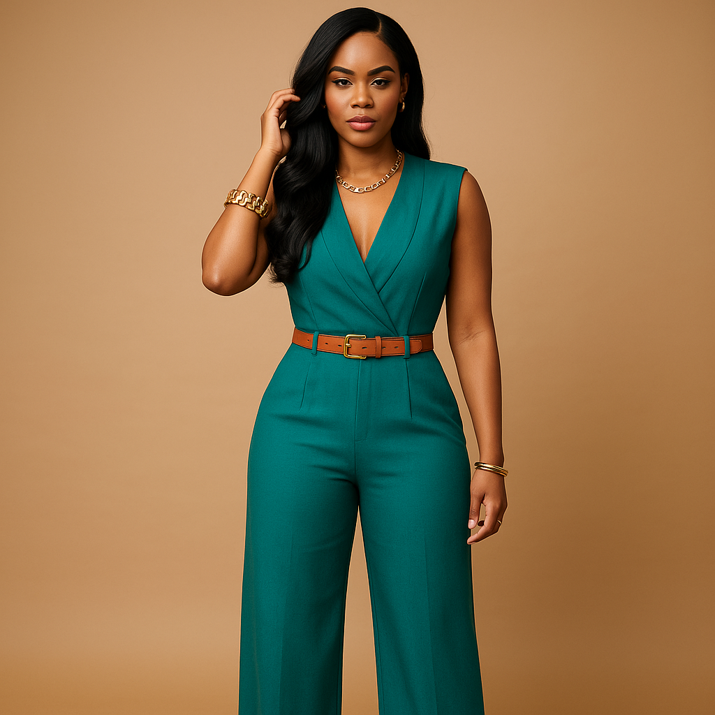 Women's elegant deep V-neck jumpsuit, perfect for evening wear & formal occasions. Sophisticated party fashion.