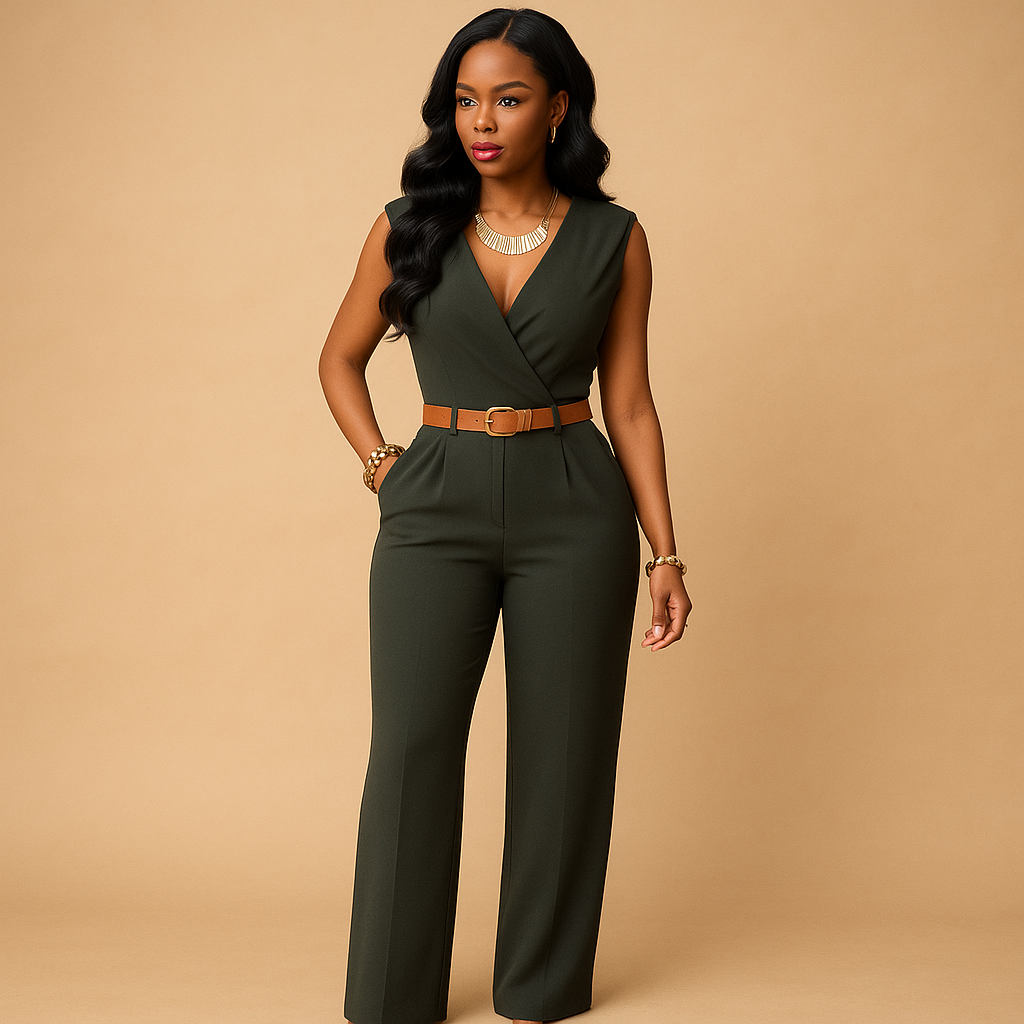 Women's sophisticated V-neck jumpsuit for evening and formal parties. Glamorous special occasion wear.