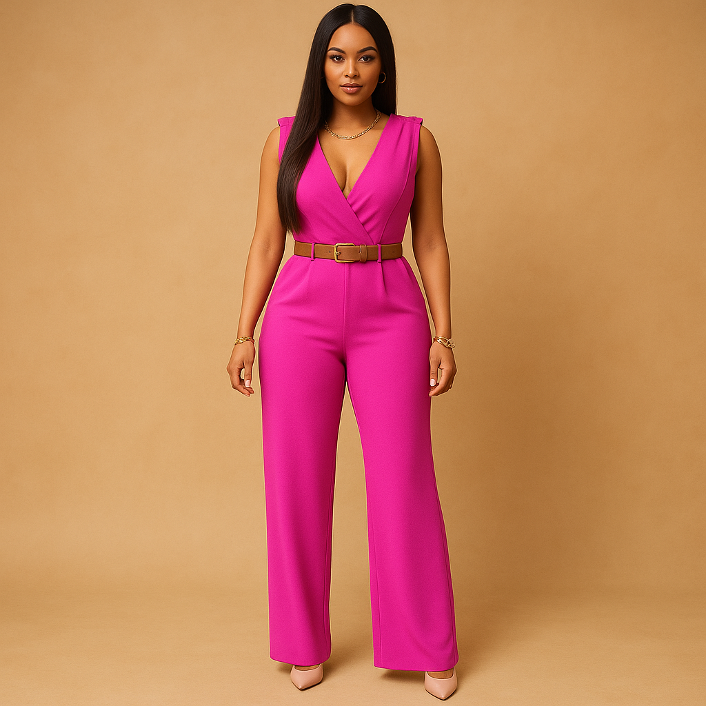 Elegant women's jumpsuit with a deep V-neck, ideal for sophisticated evening & cocktail events.