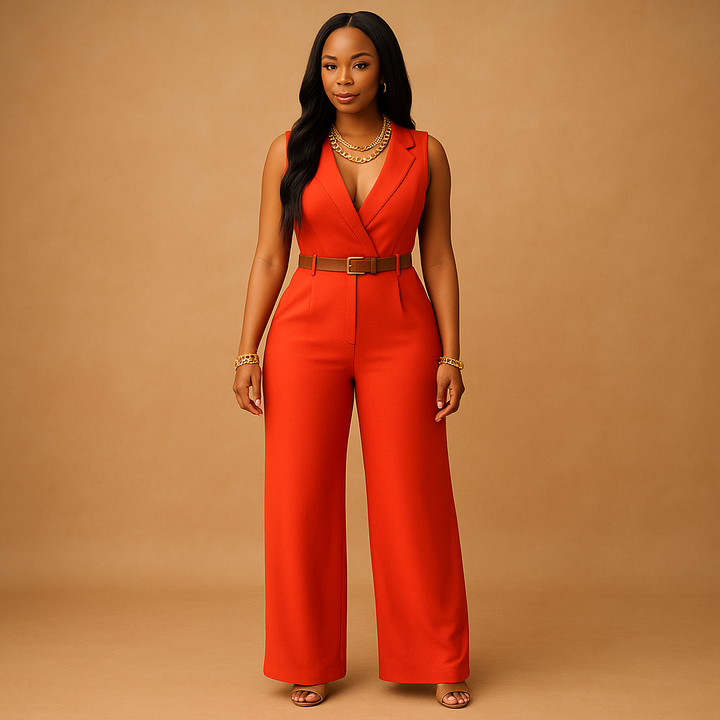 Formal women's deep V-neck jumpsuit, a stylish choice for evening wear & special occasion fashion.