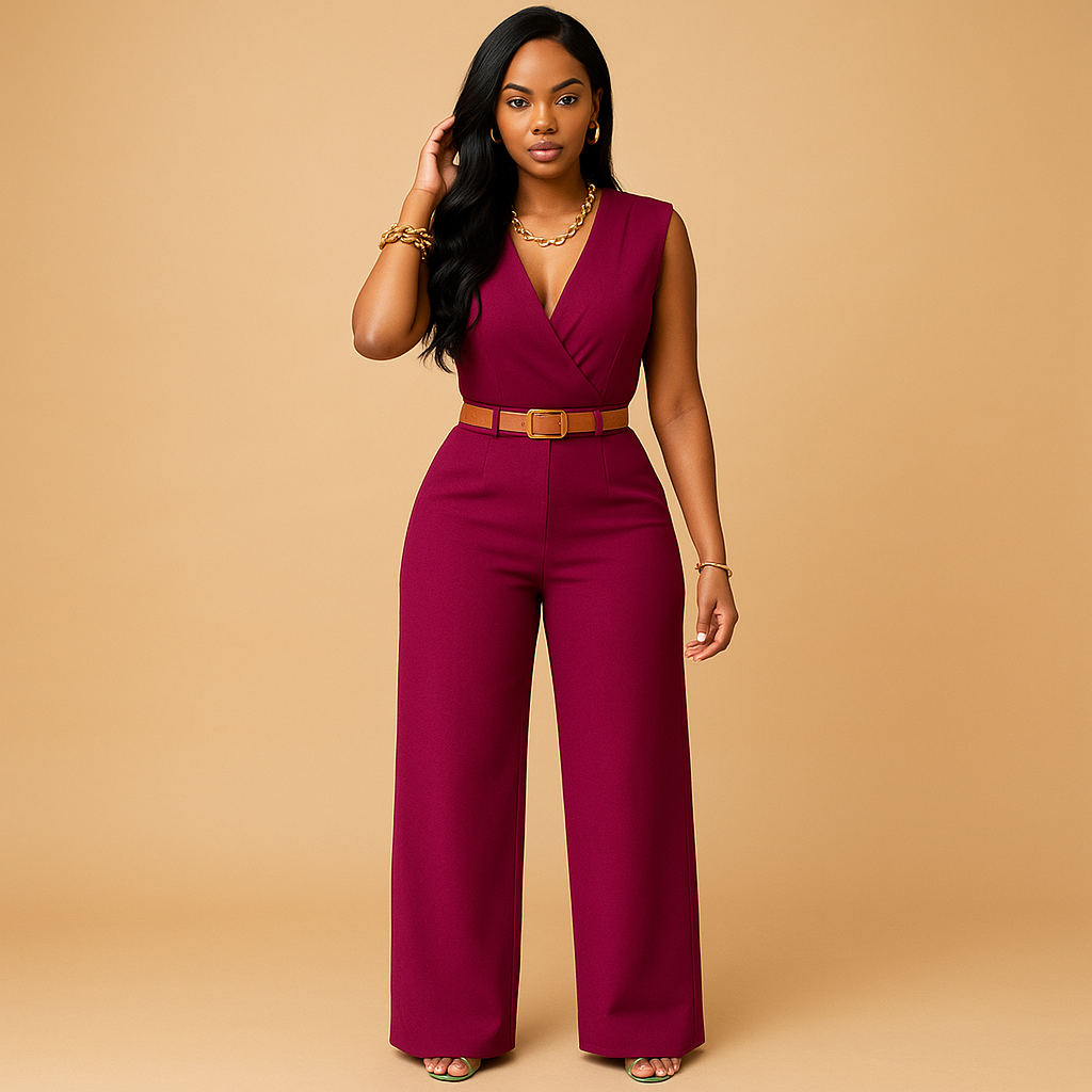 Fashionable women's deep V-neck jumpsuit, perfect for elegant evening wear & formal occasions.
