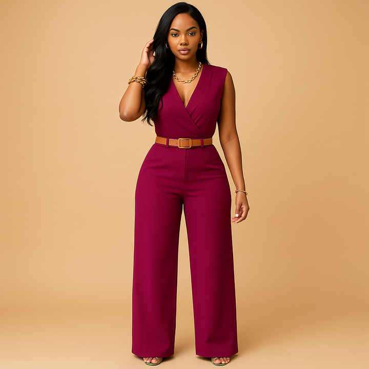Fashionable women's deep V-neck jumpsuit, perfect for elegant evening wear & formal occasions.