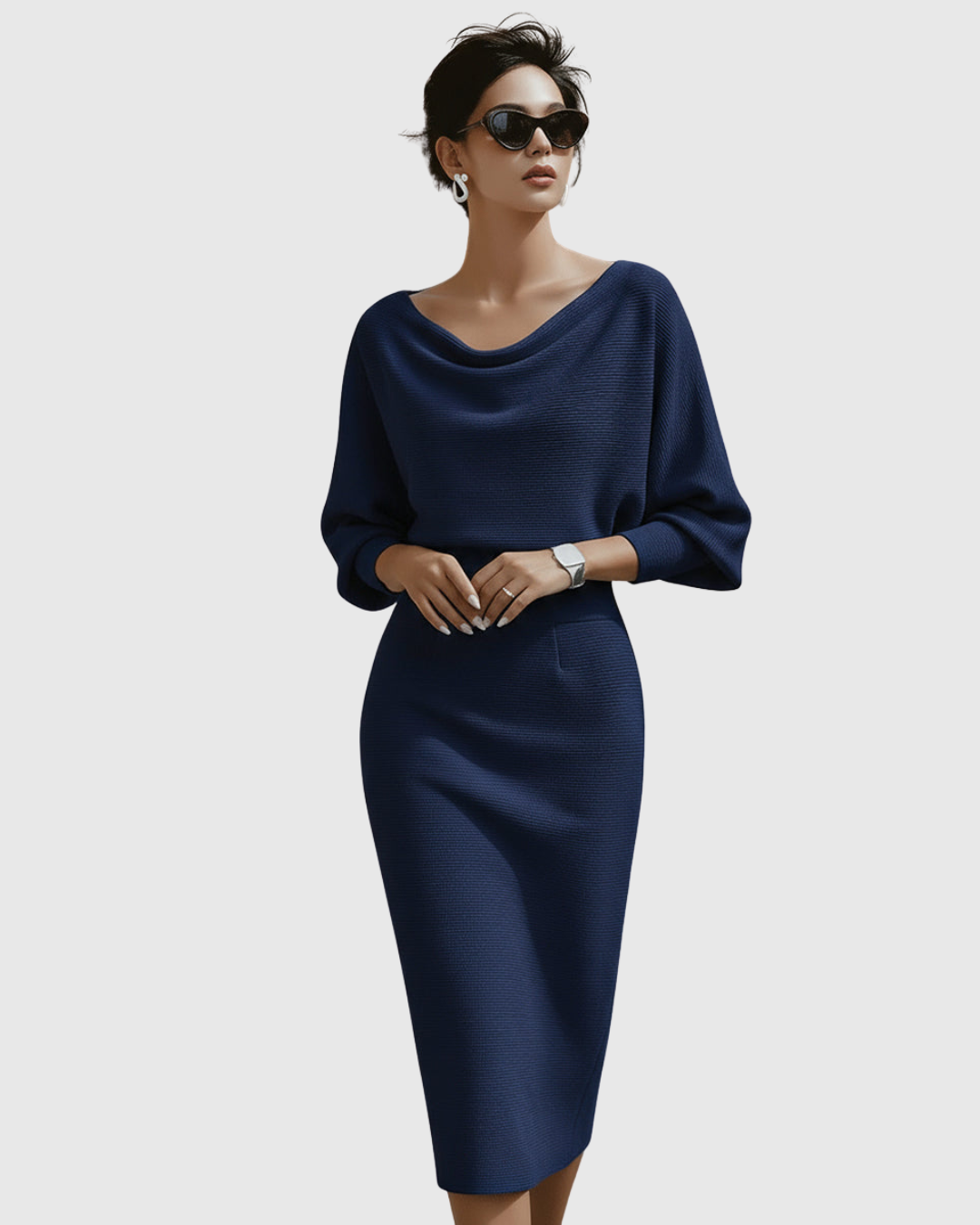 Women's elegant draped batwing midi dress with long sleeves, perfect for evening occasions.