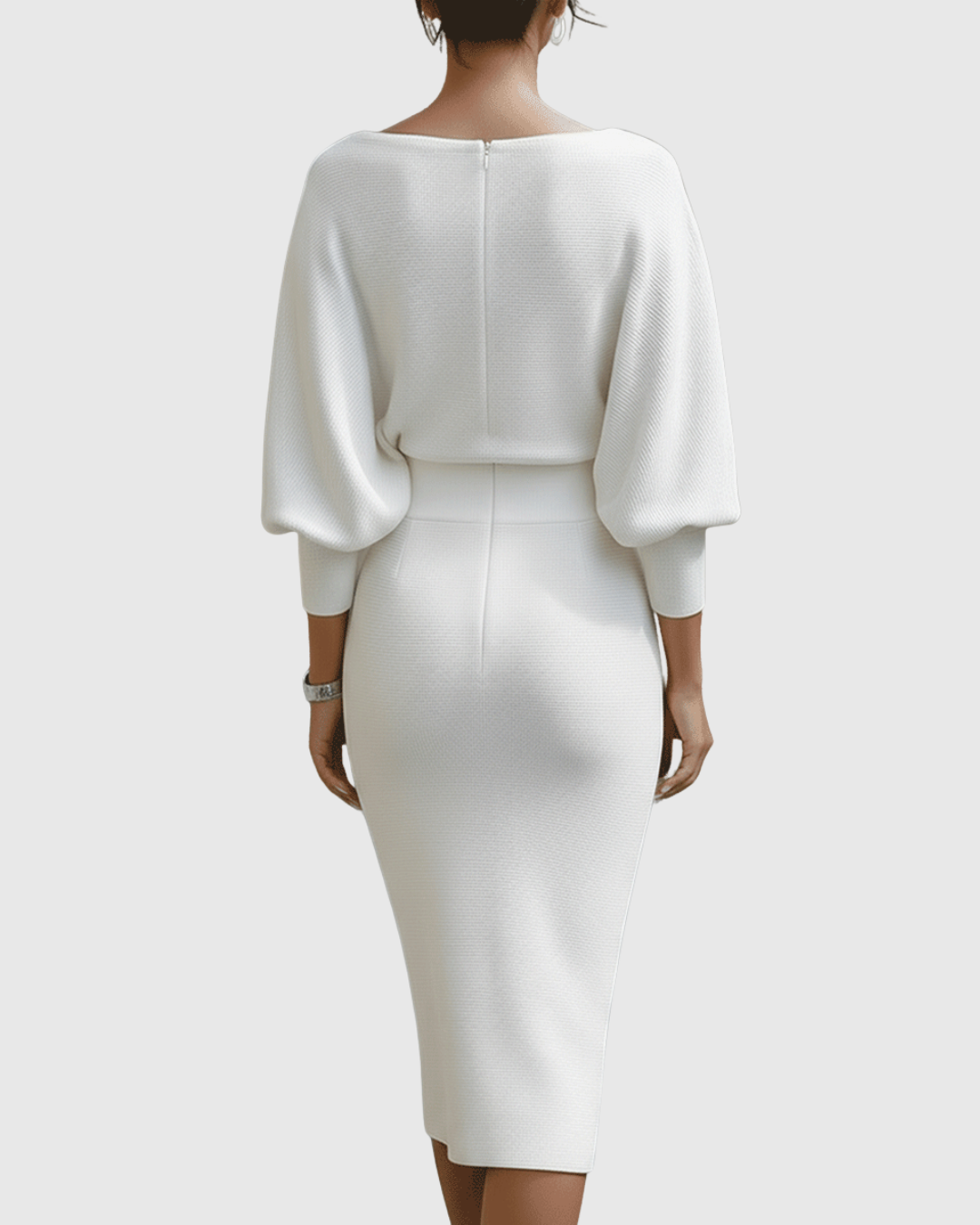 Women's elegant draped batwing midi dress, a flattering long sleeve design for sophisticated occasion wear.