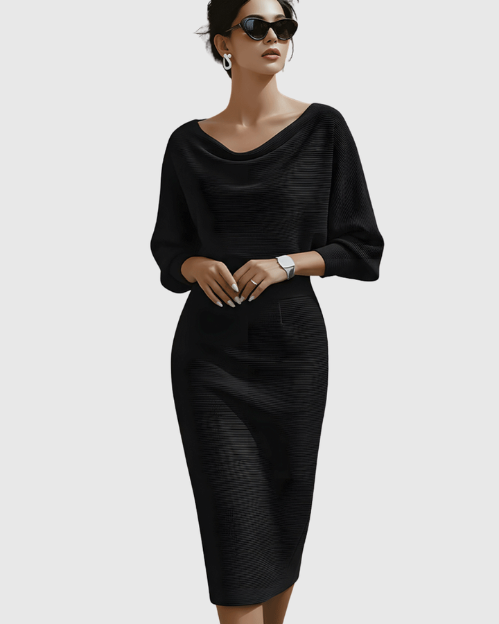 Black women's sophisticated draped midi dress, featuring flattering batwing sleeves & a chic cowl neck.