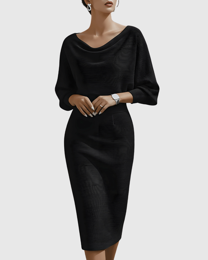 White flattering batwing long sleeve midi dress for women, ideal as an elegant cocktail or occasion wear.