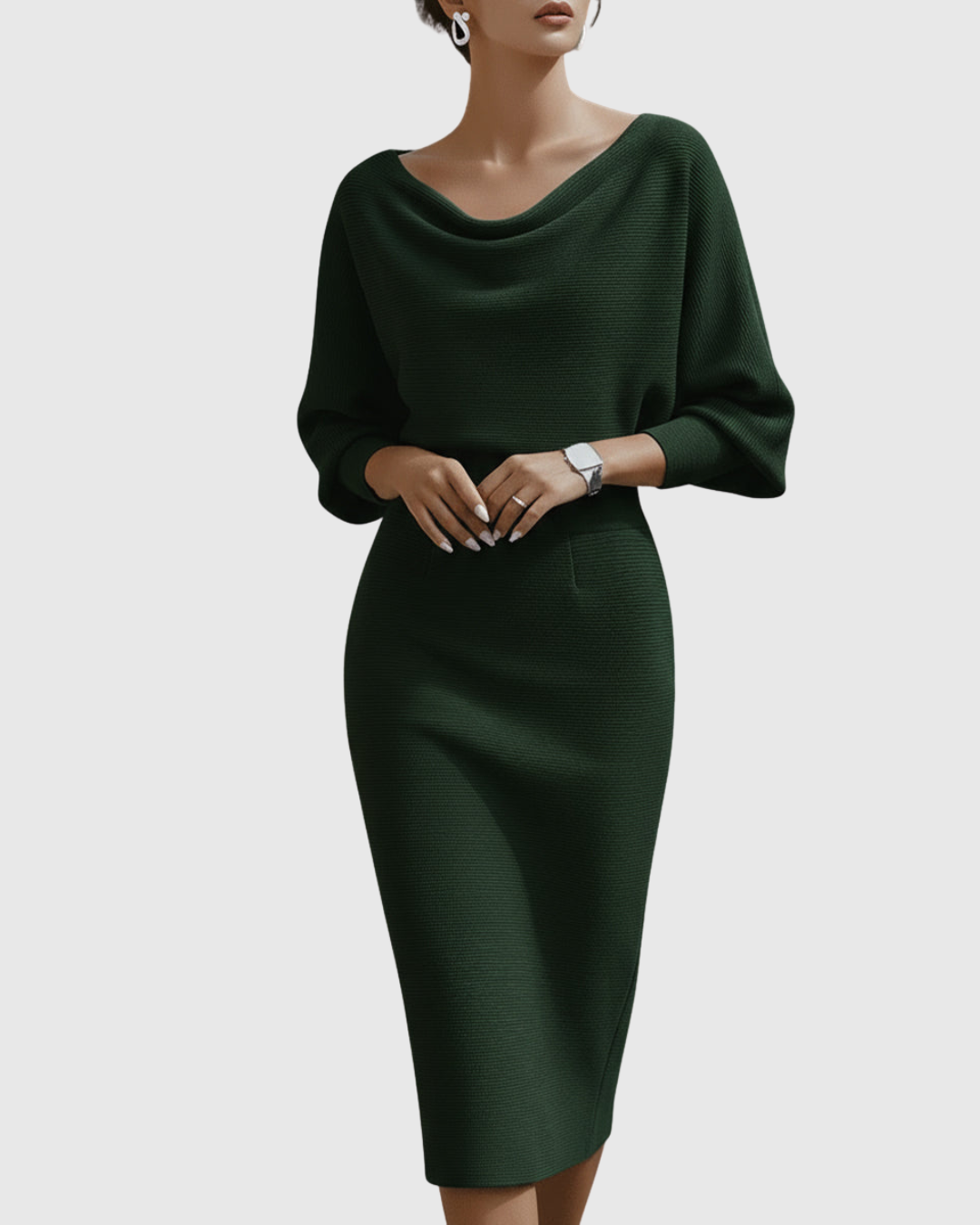Grey women's draped midi dress with comfortable batwing sleeves, offering effortless elegance.
