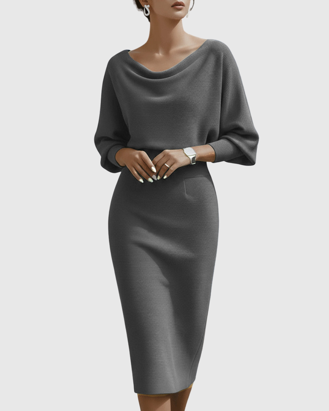 Elegant women's long sleeve batwing midi dress, featuring a sophisticated drape and flattering fit.