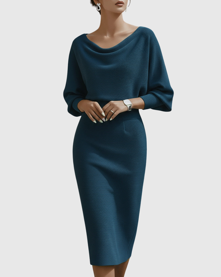 Women's draped midi dress with a cowl neck and elegant batwing long sleeves, suitable for evening wear.