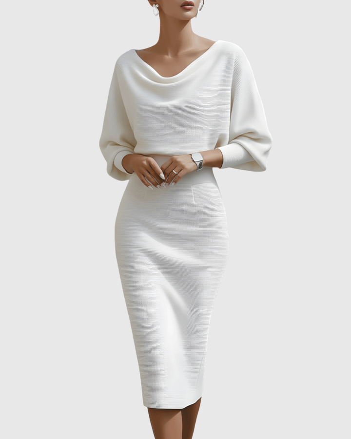 Sophisticated black women's midi dress with draped batwing sleeves, versatile for evening or cocktail events.