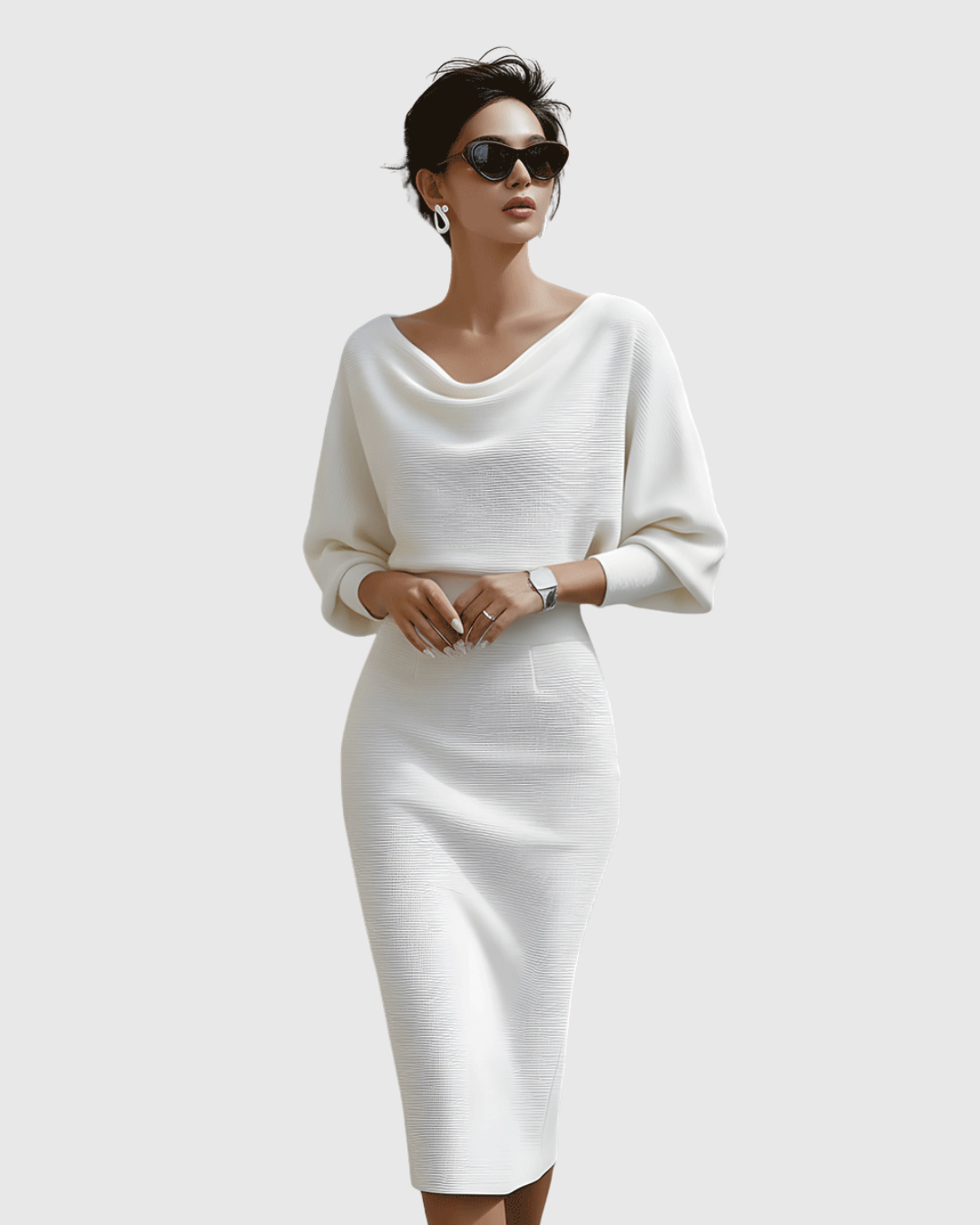 Flattering white draped batwing long sleeve midi dress for women, showcasing effortless and elegant style.