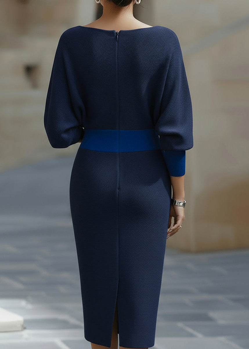 Elegant women's sheath midi dress with draped batwing sleeves and a chic cowl neckline, formal look.