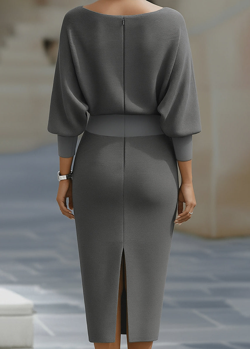 Women's elegant long-sleeve batwing midi dress with a sophisticated cowl neck for formal wear.