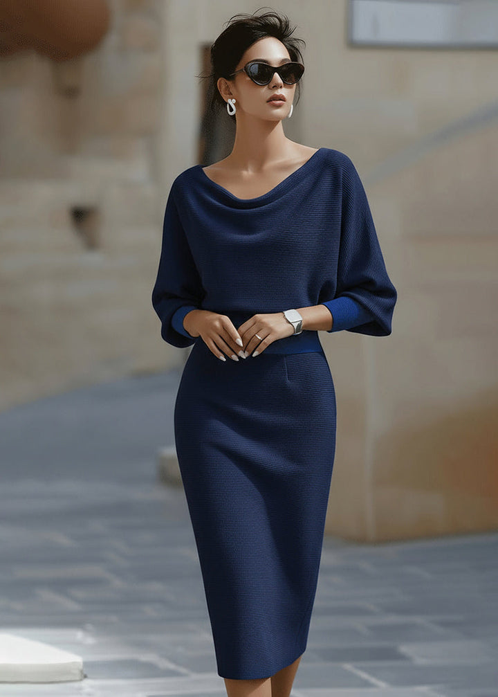 Beautifully draped women's midi dress with batwing sleeves and an elegant cowl neckline for sophisticated style.